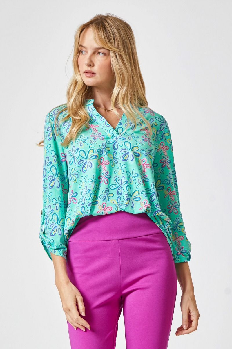 2277- Mint Sketch Flower 3/4 Sleeve Wrinkle Free Top