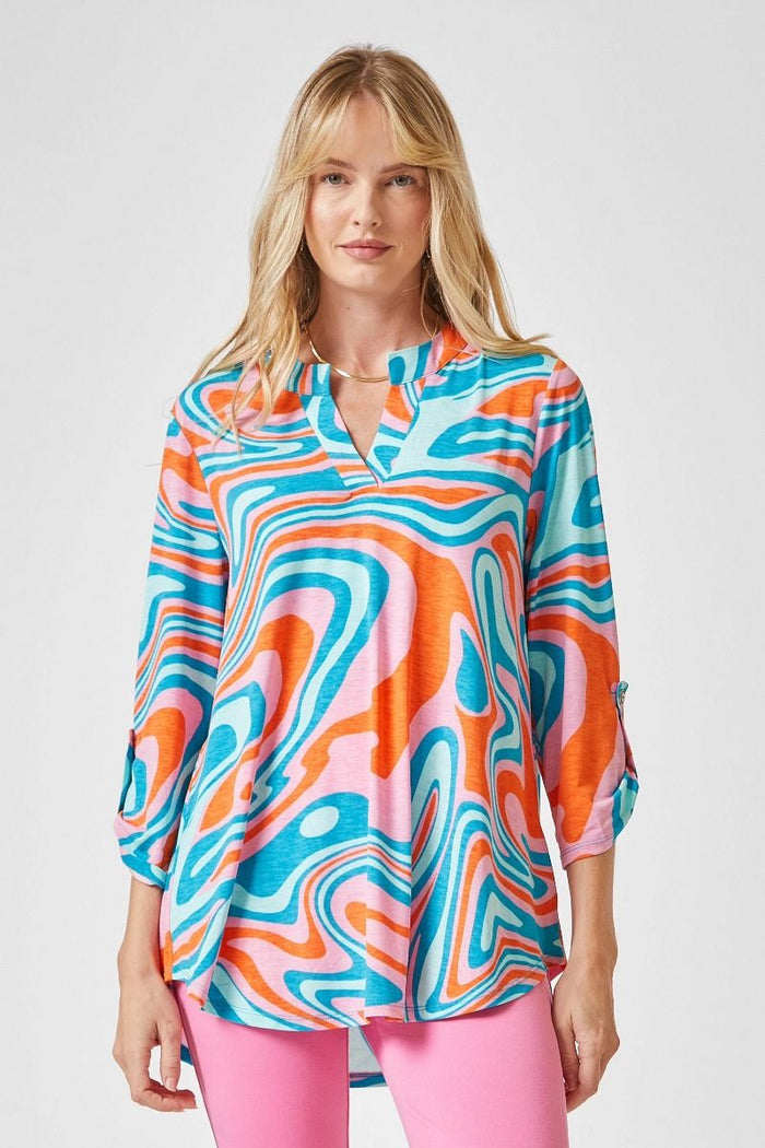 2243- Blue, Orange, & Light Pink Groovy Pattern 3/4 Sleeve Wrinkle Free Top