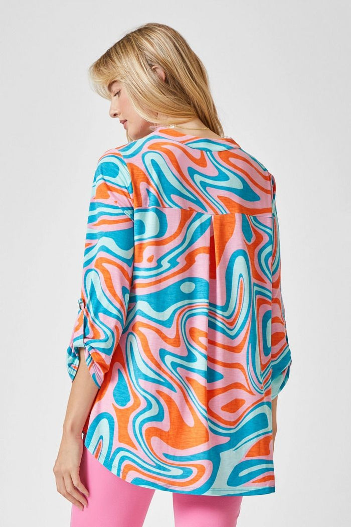 2243- Blue, Orange, & Light Pink Groovy Pattern 3/4 Sleeve Wrinkle Free Top