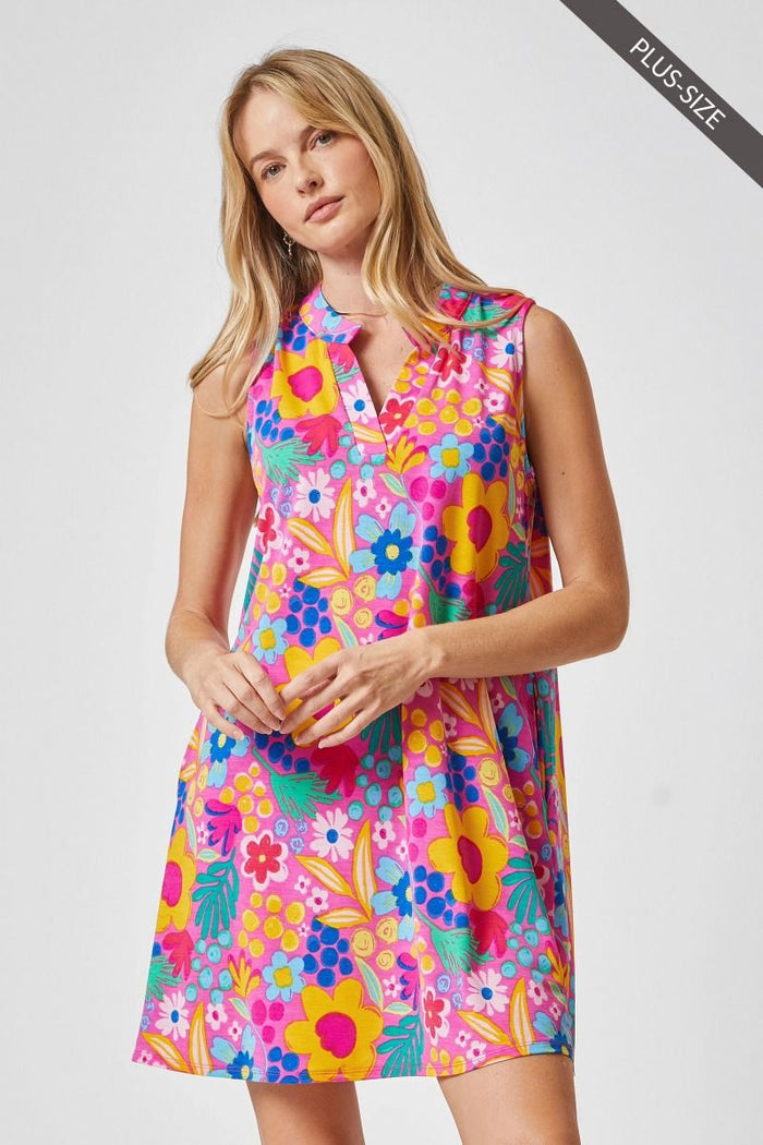 2029- Hot Pink w/ yellow & Blue Flowers Wrinkle Free Tank Dress