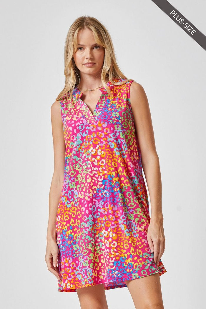 2030- Hot Pink Multi Color Leopard Wrinkle Free Tank Dress