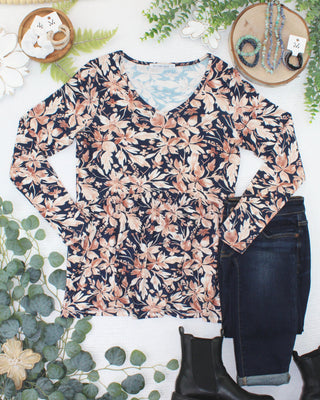 09.02 EN ROUTE Long Sleeve Sarah Ruffle Top - Navy Autumn Petals