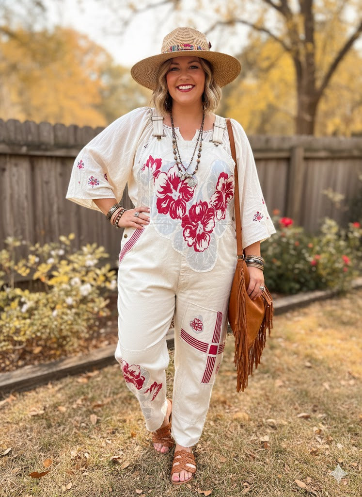 The Crimson Blossom Muse Upcycled Overalls by Jade Gypsy *FINAL SALE*