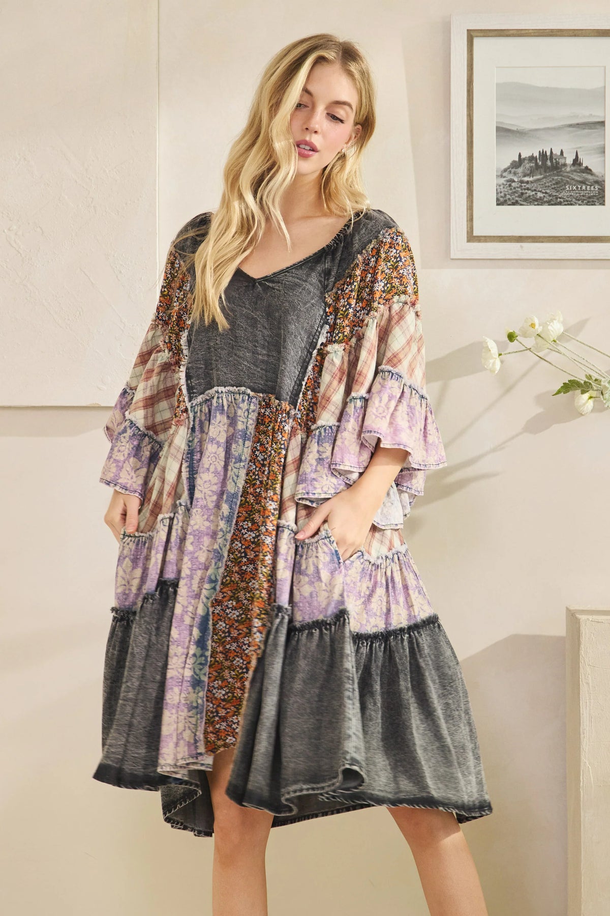 Black Washed Mix Printed Tiered Ruffle Tunic Top by Oli & Hali