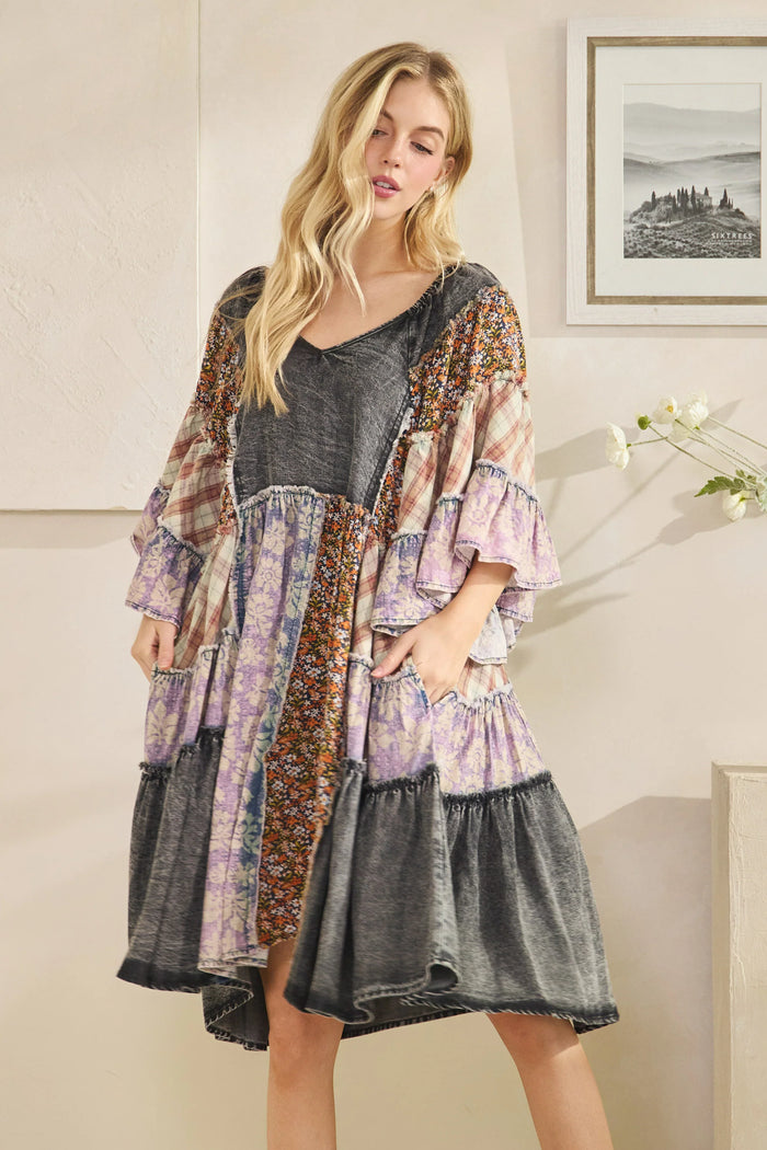 Black Washed Mix Printed Tiered Ruffle Tunic Top by Oli & Hali