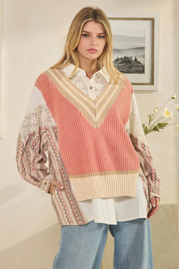 Taupe & Pink Washed Oversized Button Front Shirt with Sweater Vest by Oli & Hali