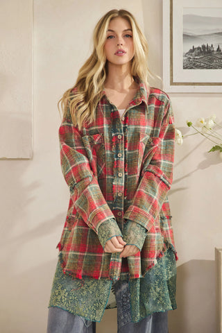 Red & Green Washed Plaid Mix Shacket by Oli & Hali