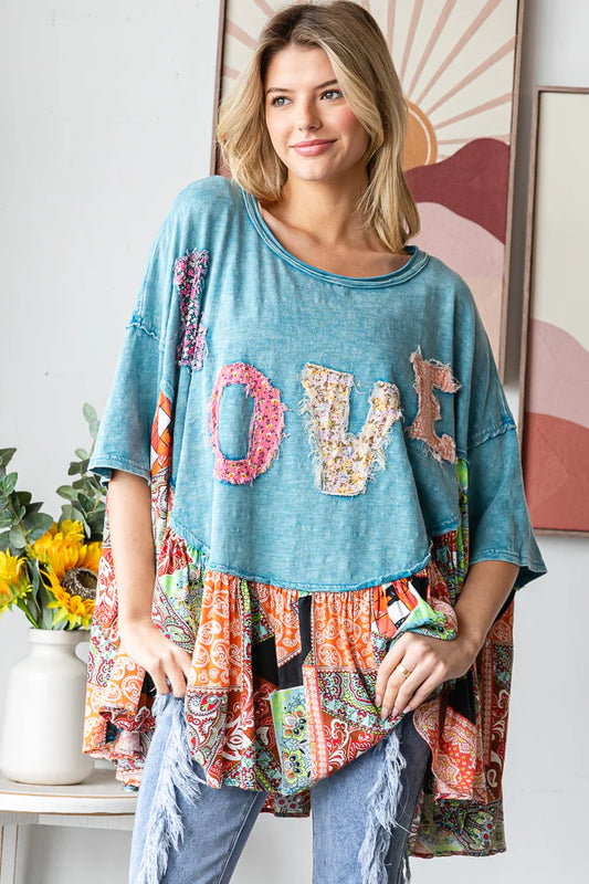 Blue Washed Round Neck Love Ruffle Hem Top by Oli & Hali