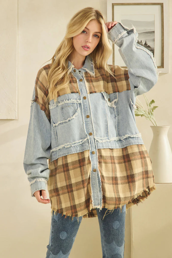 Brown Washed Plaid Denim Mix Button Down Shacket by Oli & Hali