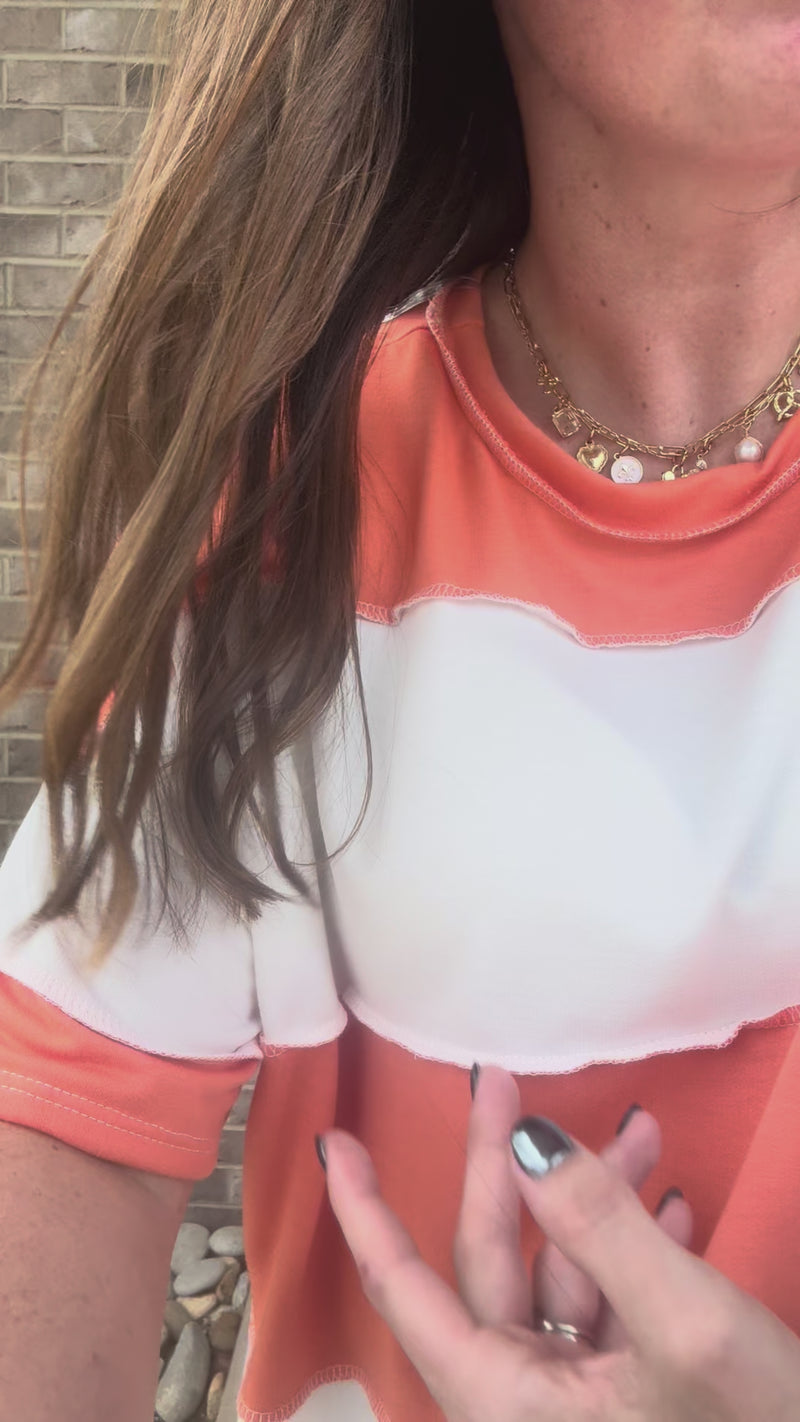 Orange and White French Terry Color Block Short Sleeve Top *TN COLLECTION*