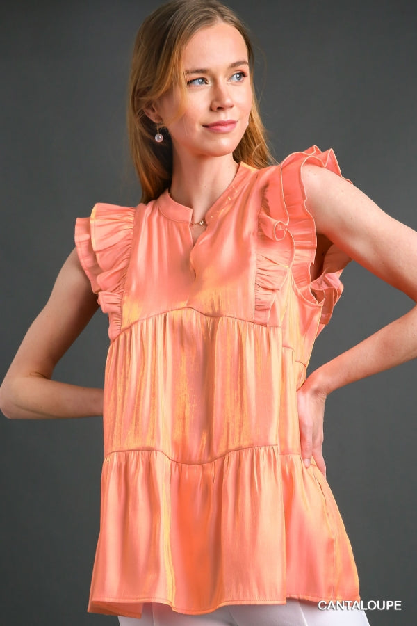 8794- Cantaloupe Satin Tiered Ruffle Sleeve Tank