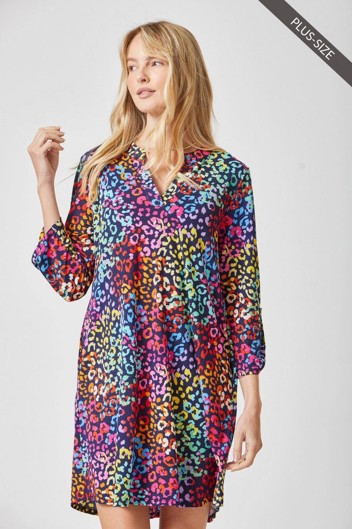 2245- Multi Color Leopard Print 3/4 Sleeve Wrinkle Free Dress