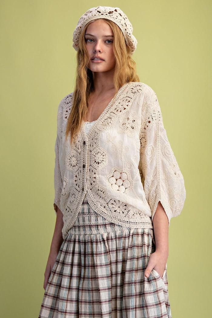 Natural Crochet Mix Button Front Duster by Easel