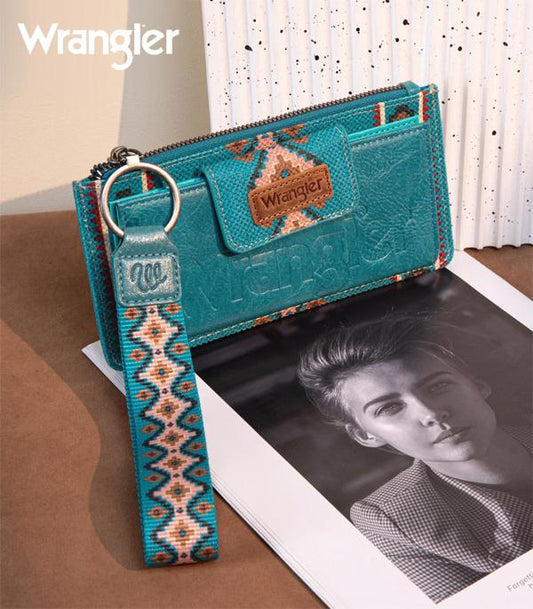 2628- Turquoise Wrangler Aztec Print Bi-Fold Wallet Wristlet (Copy)