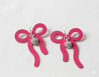 Pink Bow Leather Bling Earrings