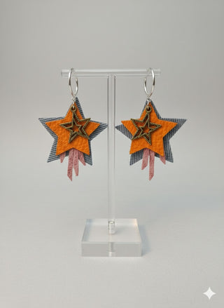 Layered Denim Star Charm Earrings