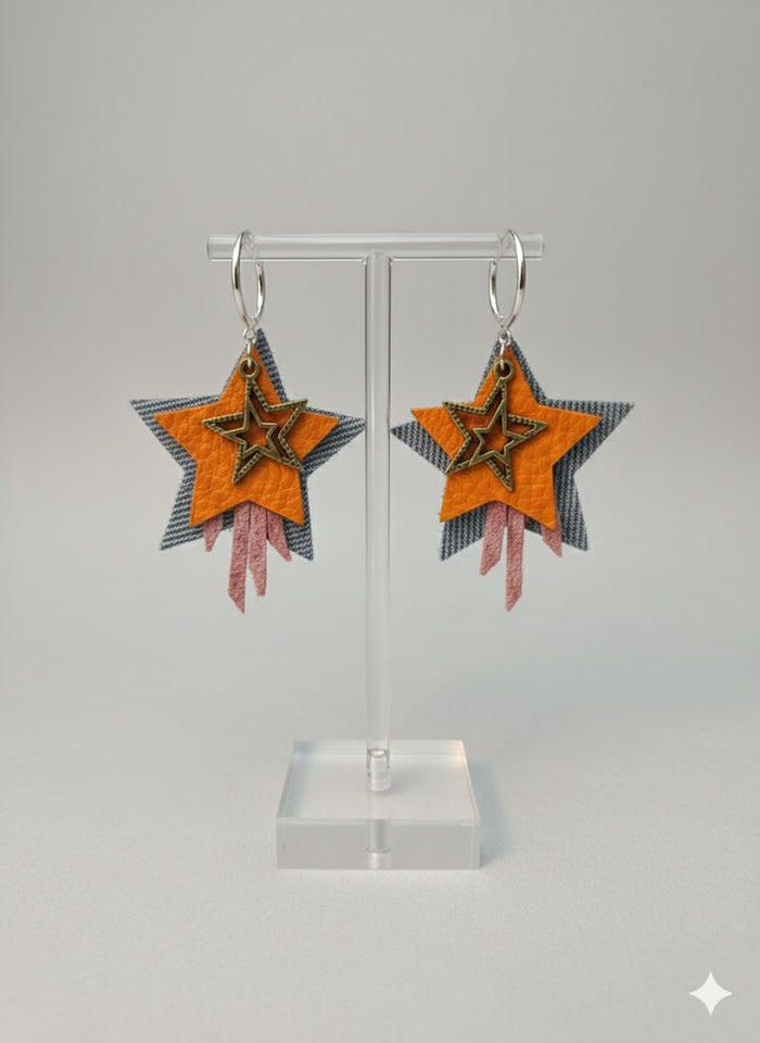 Layered Denim Star Charm Earrings