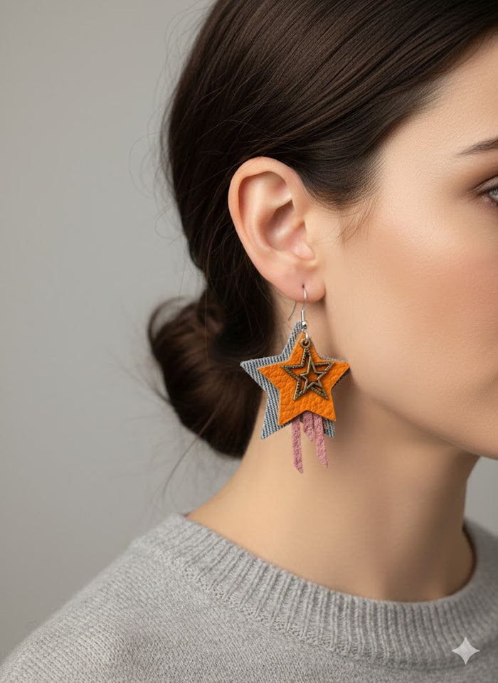 Layered Denim Star Charm Earrings