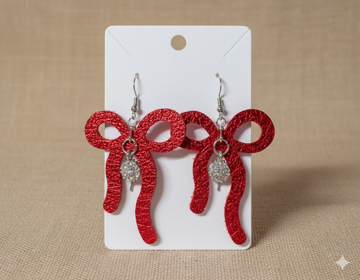 Red Bling Leather Bow Earrings