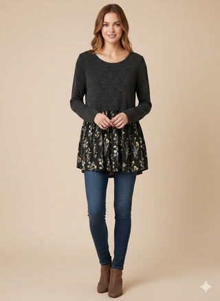Black Mixed-Media Floral Peplum Tunic