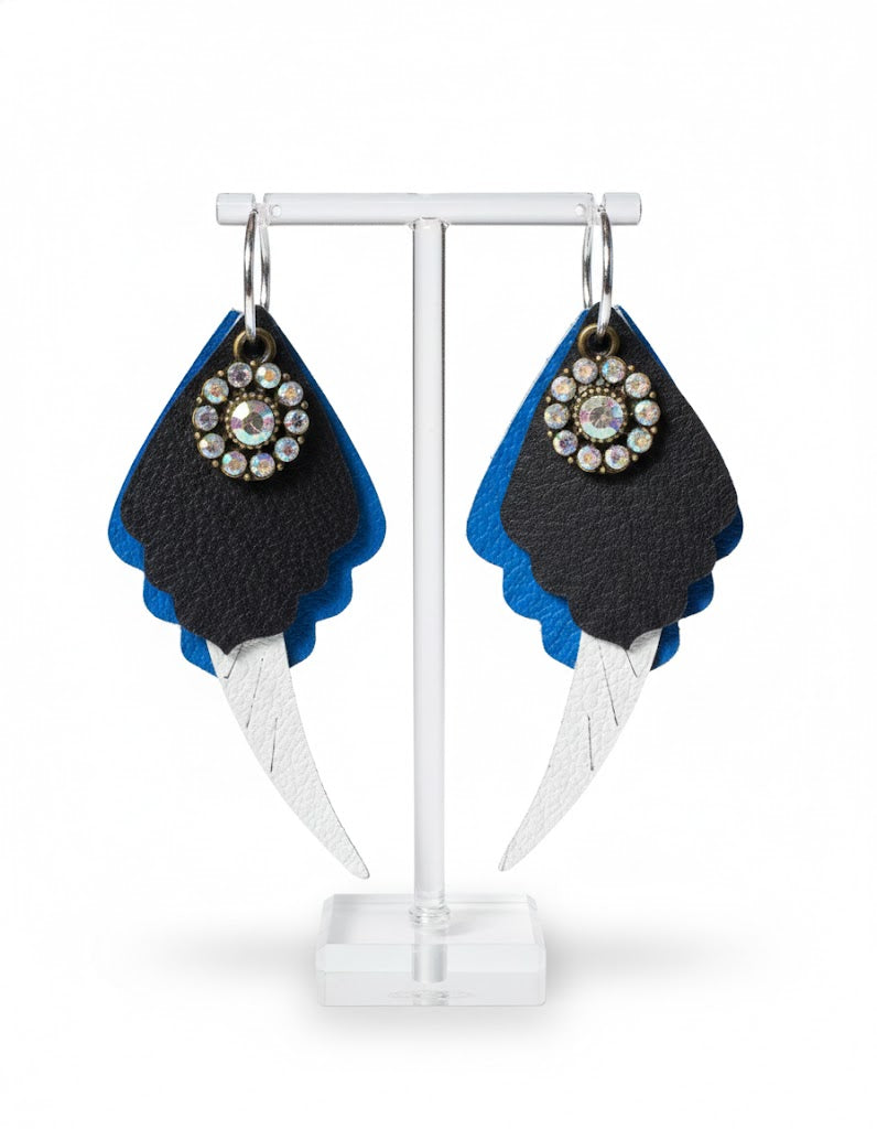Leather Royal Blue Black Bling Hoop Earrings