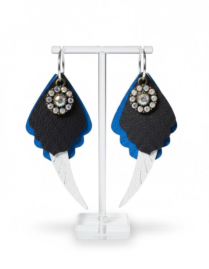 Leather Royal Blue Black Bling Hoop Earrings