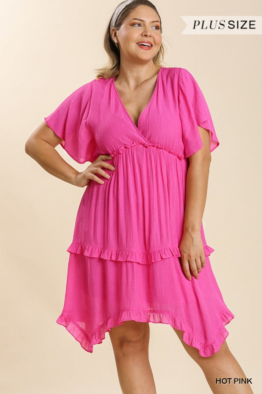 8746- Hot Pink Ruffle Dress Shark Bite Hem Lining {UMGEE}