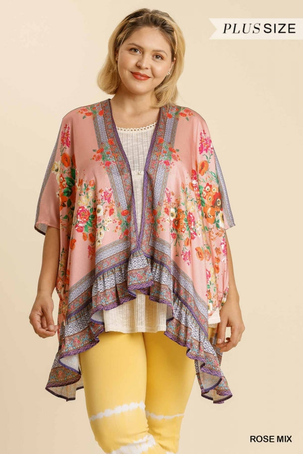 9046- Rose Mix Floral Print Kimono w/ Side Slits [UMGEE]