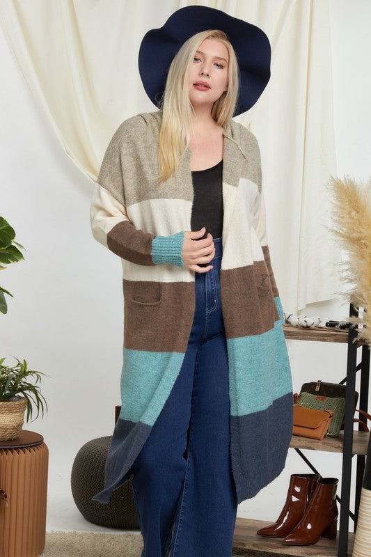 7230- Mocha Color Block Long Cardigan w/ Pockets