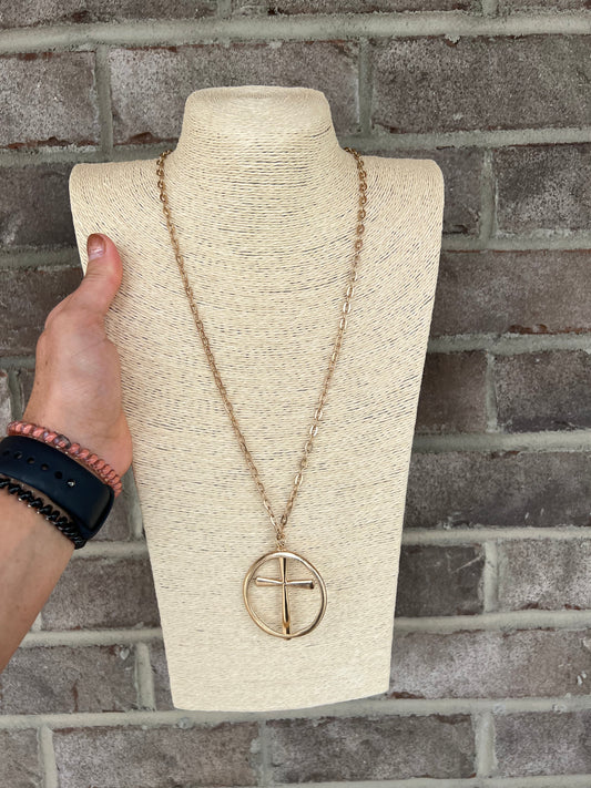 6050- Gold Cross w/ Circle Long Necklace