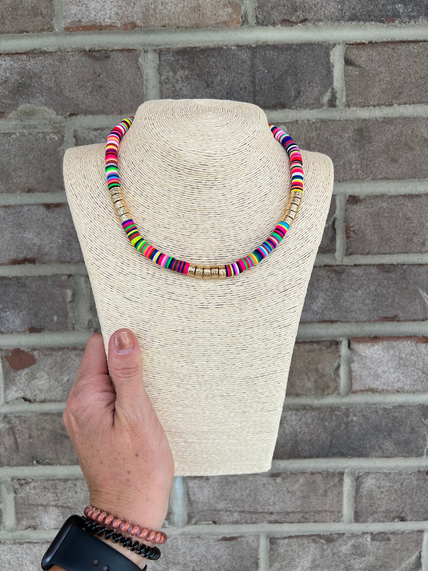 6069- Multi Color Beaded Choker w/ Gold Detail