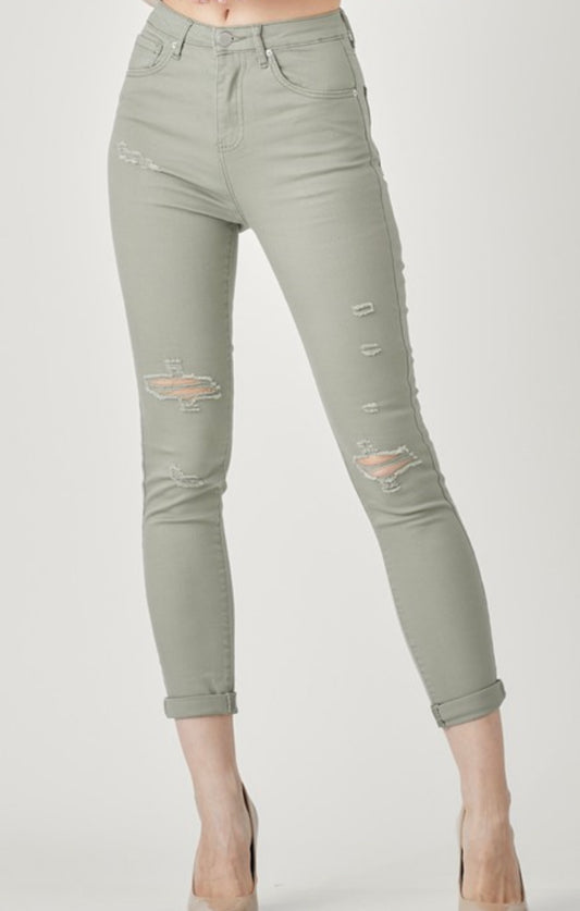 1334- Sage Distressed Relaxed Skinny Jeans