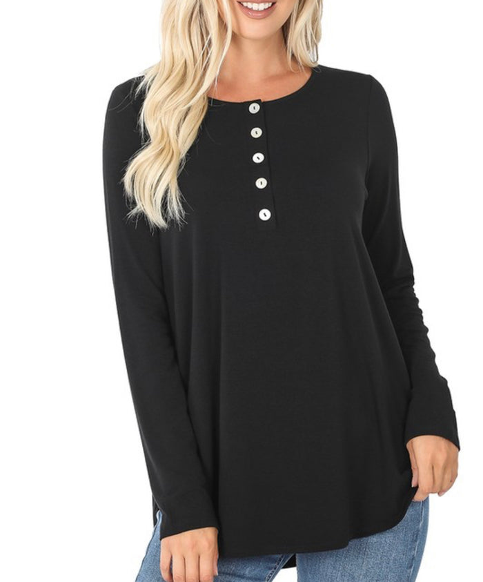 1925- Black Shell Hem Long Sleeve Button Top