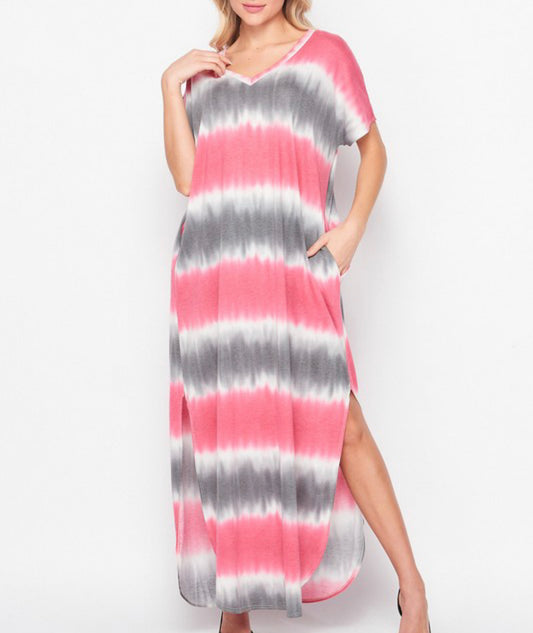 1192- Pink & Gray Tie Dye Maxi Dress