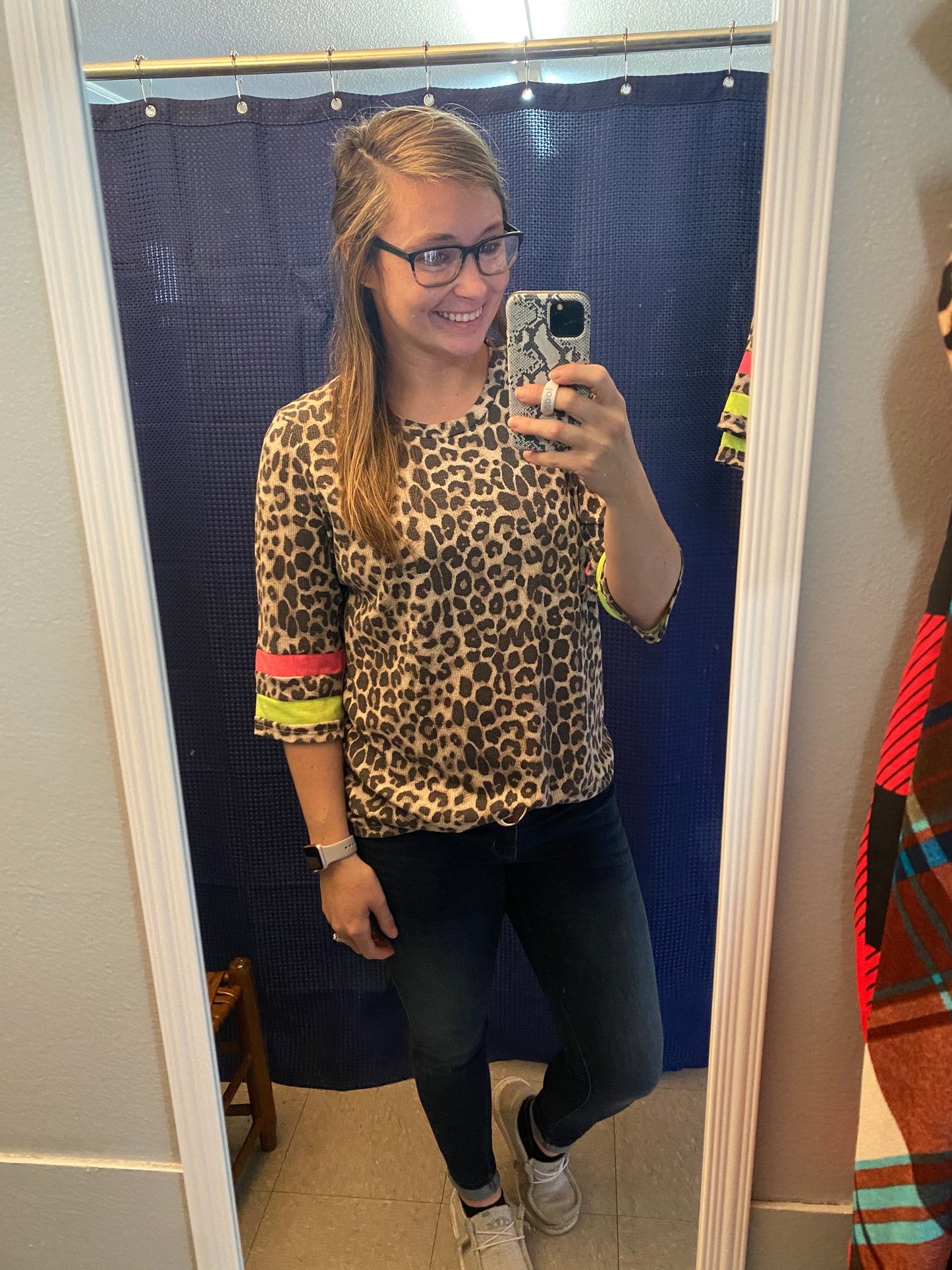 828- Leopard Print Top w/ Neon Stripes Sleeves