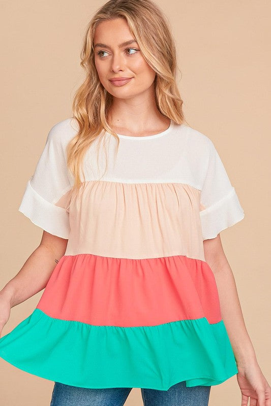 1578- Color Block Tier Ruffle Sleeve