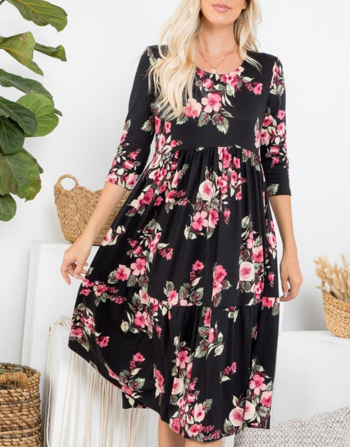 1626- Black Floral Midi Tiered Dress