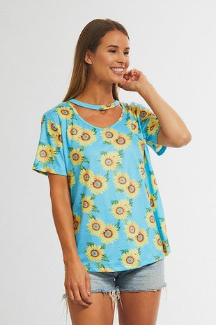 1419- Blue Open Front Sunflower Top