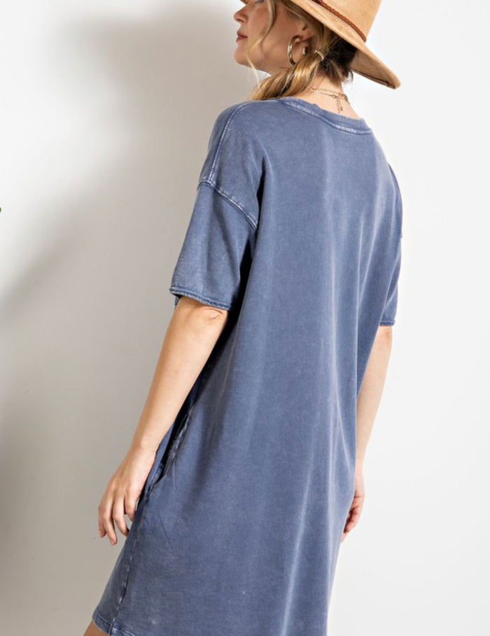 6761- Washed Denim Distressed T-Shirt Dress w/ Pockets