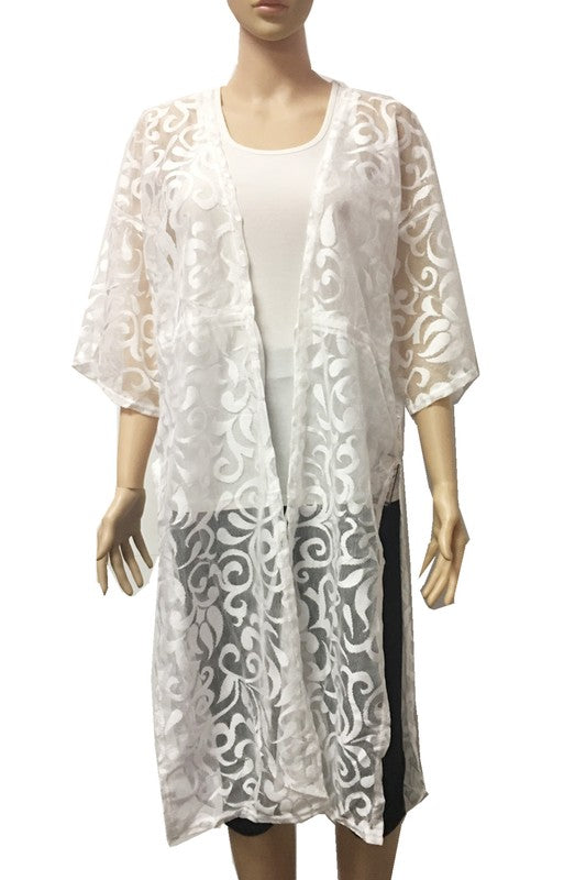 1669- 3/4 White Sheer Front Tie Kimono