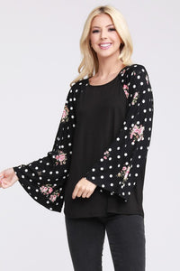 1535- Black w/ Floral Bell Sleeve Top