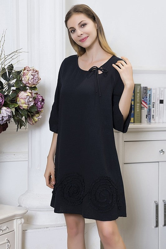 6326- Black Floral Patch Tie Neck Tunic