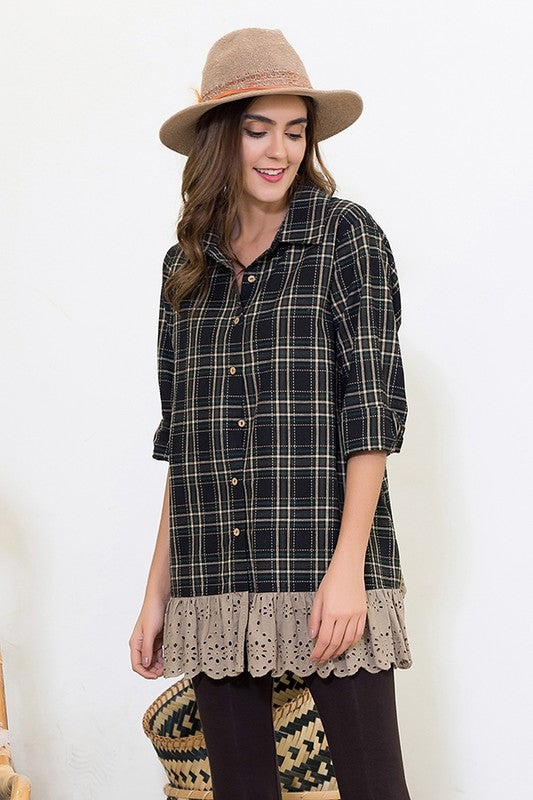 6320- Black Plaid Shirt w/ Lace Ruffle Hem