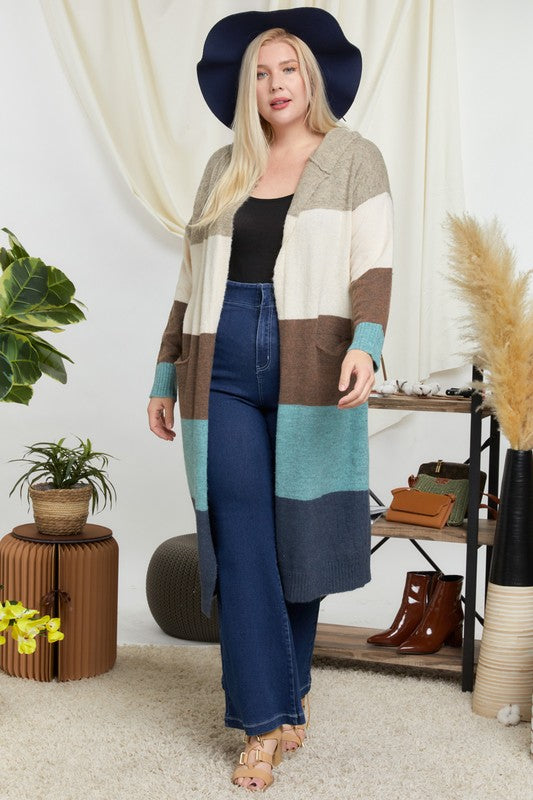 7230- Mocha Color Block Long Cardigan w/ Pockets