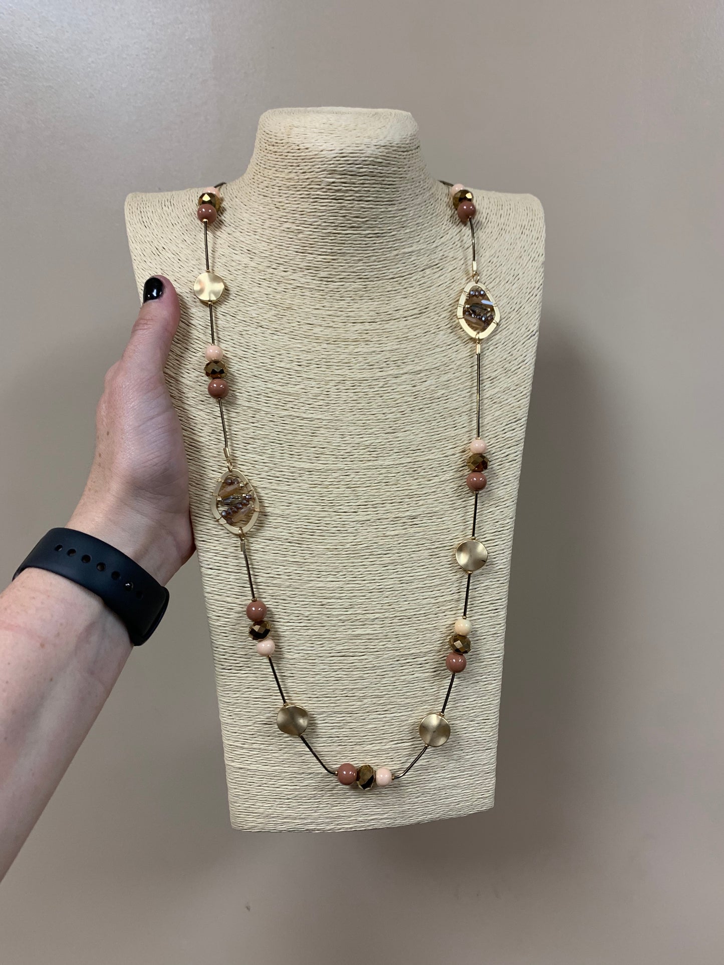 691- Mauve, Brown, Gold Long Necklace