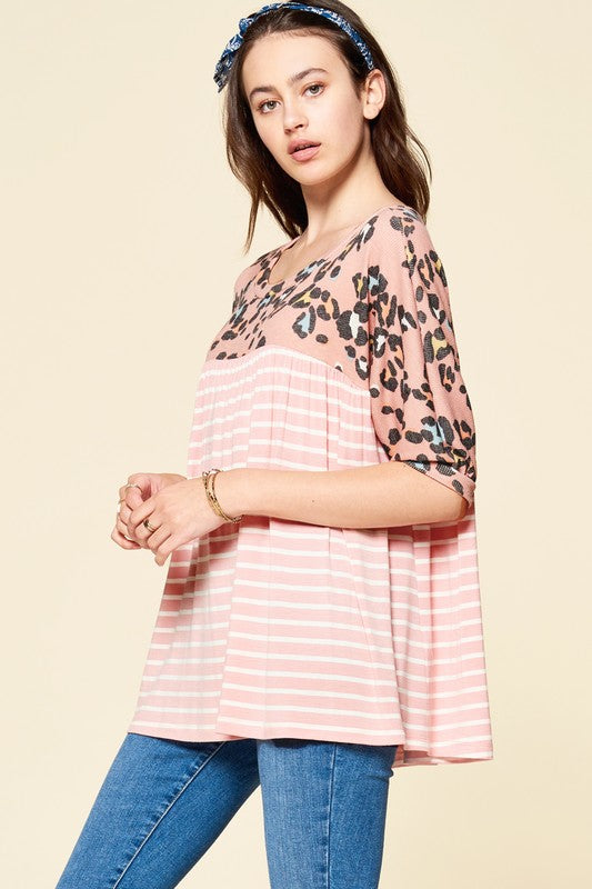 347- Pink Striped Knit Top w/ Animal Print