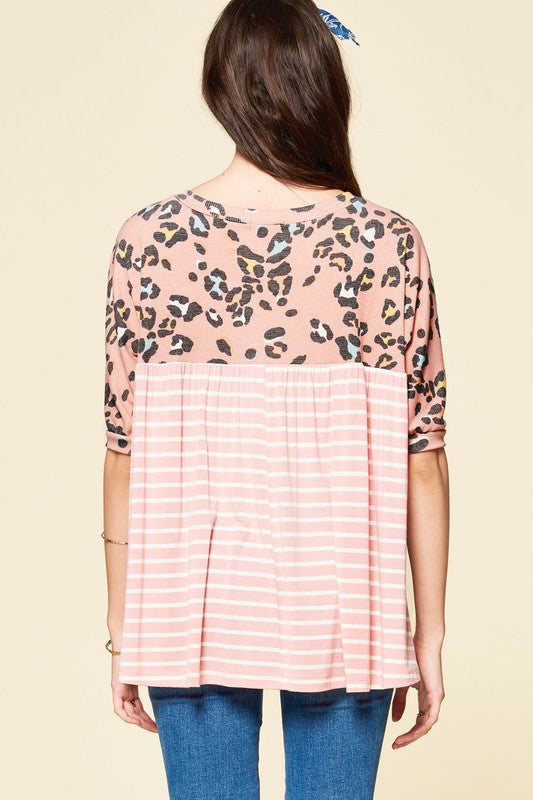 347- Pink Striped Knit Top w/ Animal Print