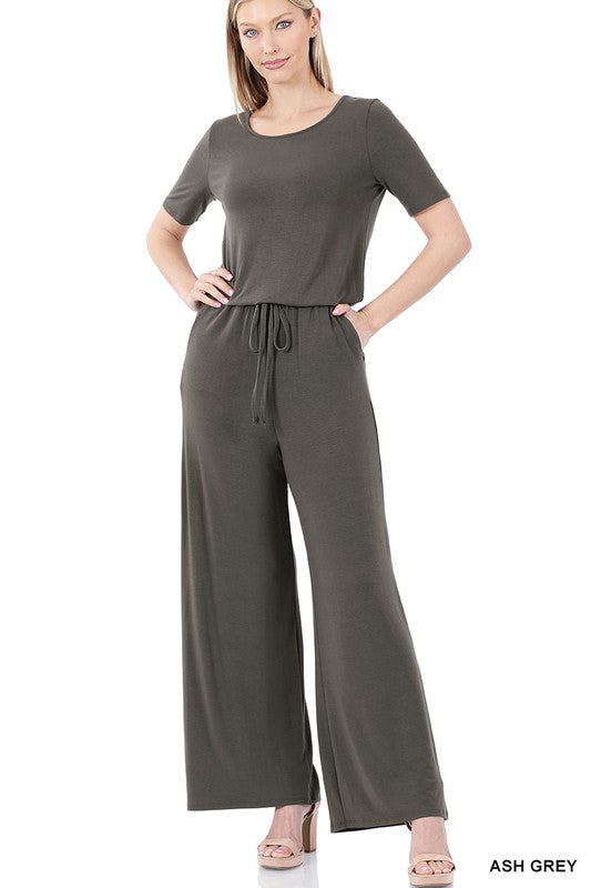 1716- Ash Grey Short Sleeve Jumpsuit