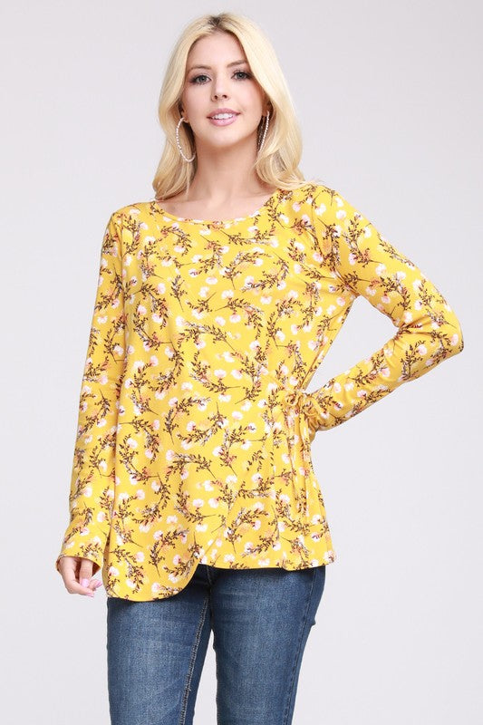 1527- Mustard & Floral Side Wrap Top