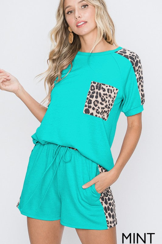 1777- Mint Leopard Print w/ Pocket Relaxed Fit Top